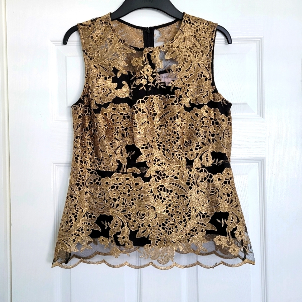 💫 Nanette Lepore Gold & Black Peplum Embroidered Top Size Medium NWOT